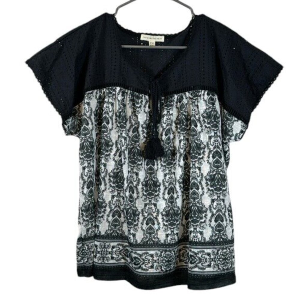 Farmers Markets Black White Tassel Eyelet Blouse Size PXL EUC #5763